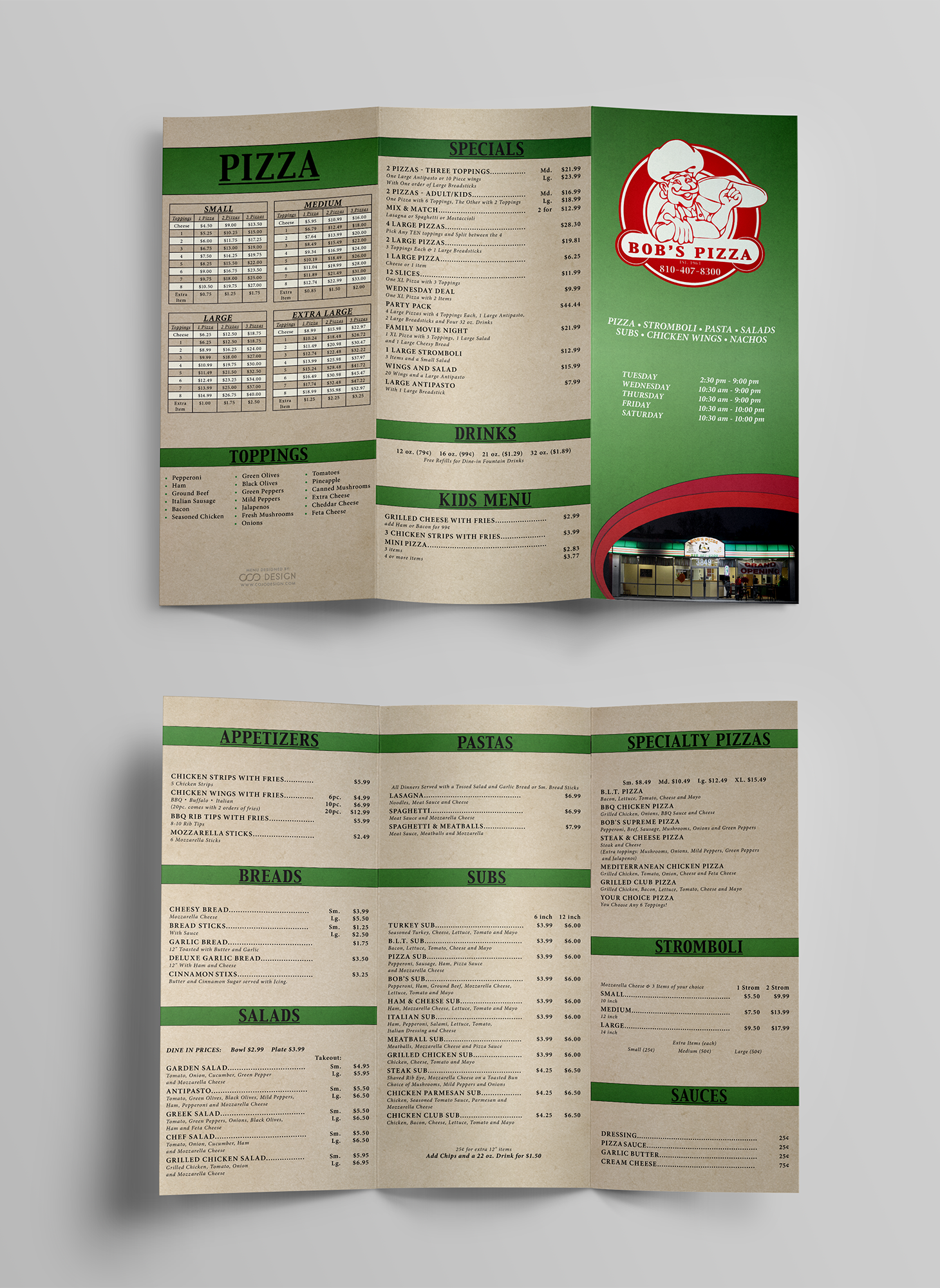 Bob's Pizza menu mock-up